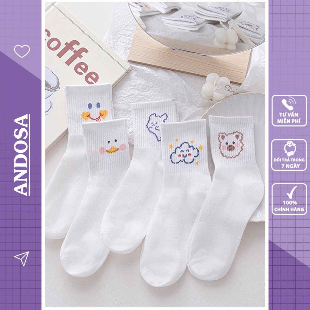 Tất vớ cổ cao nữ trắng hình thú cute Hàn Quốc cotton dày đẹp dễ thương ANDOSA T04