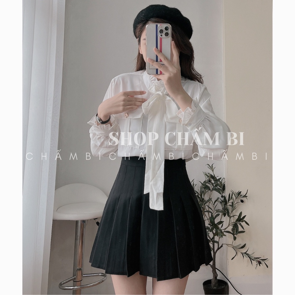 Áo sơ mi tiểu thư A.289, Áo sơ mi dài tay túi hộp ngực cổ trụ bèo thắt dây nơ cách điệu
