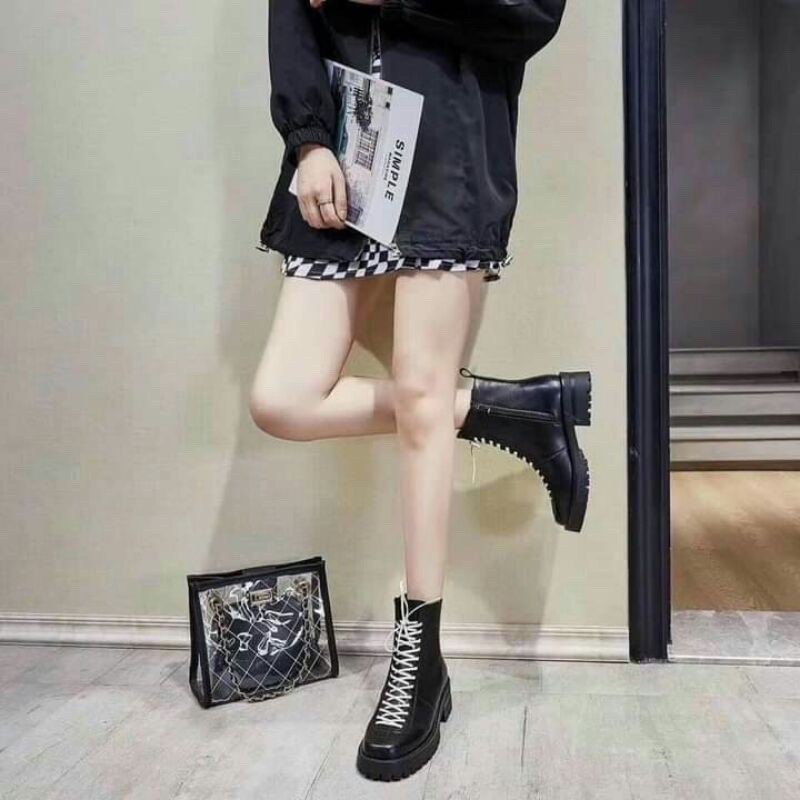 Giày bốt nữ cao cổ dây buộc 2 màu dây mã X-27