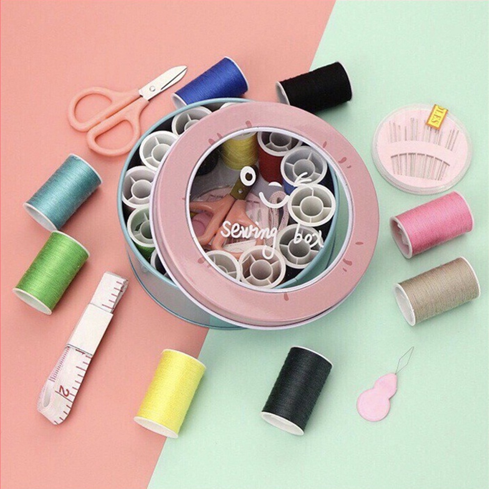 [Hàng Nhập Khẩu] Bộ Hộp Kim Chỉ May Vá HỘP NHÔM TRÒN Đầy Đủ Gia Đình - Kim Khâu, Chỉ, Kéo, Thước Dây