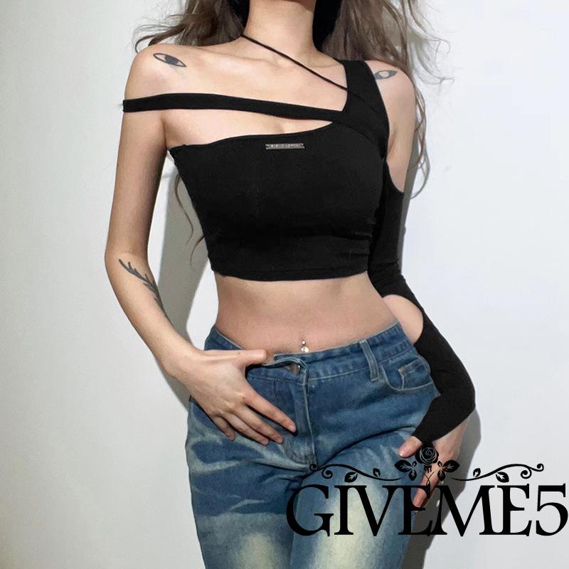 GIVEME-Women Casual Crop Tops, One Long Sleeve Label Patchwork Slim-Fit Backless Tops