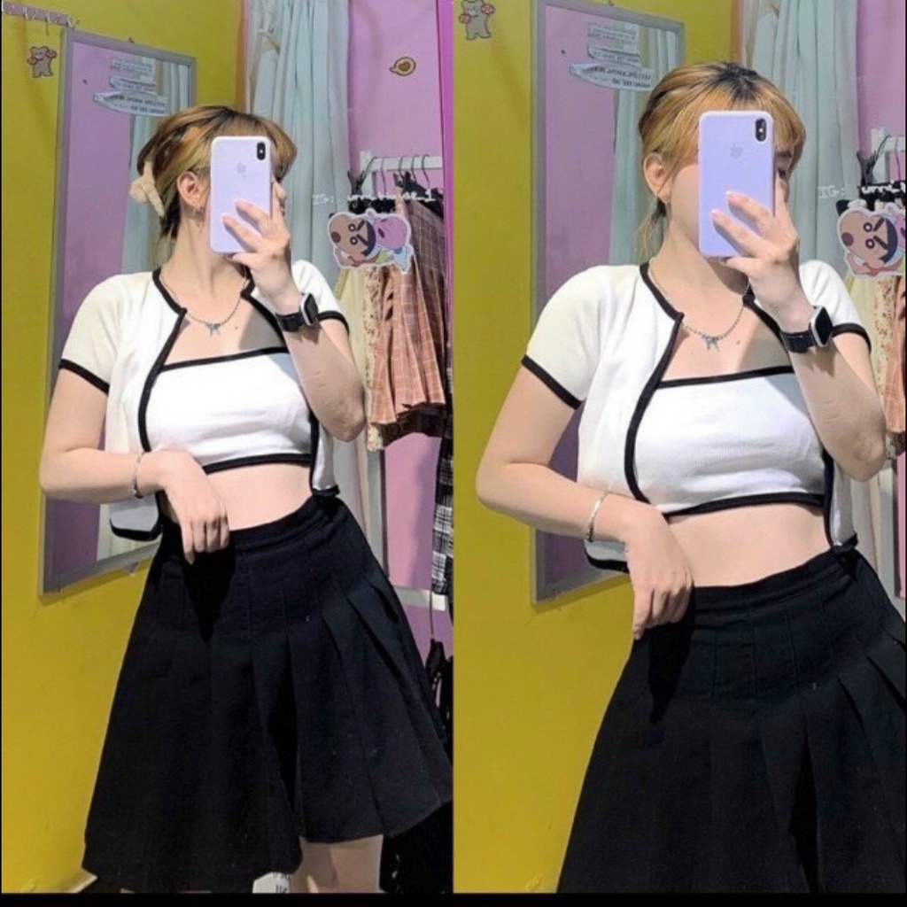 Set Áo ống áo croptop Khoác Ngoài Viền, bộ áo quây tay ngắn 2 món