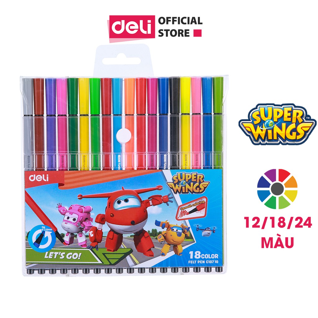 Bút màu nước Super Wings Deli - 12 màu/18 màu/24 màu - 1 vỉ - EC10700 /EC10710 /EC10720