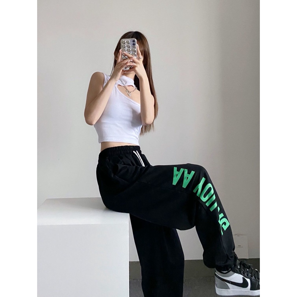 Quần Thể Thao Ống Rộng Lưng Thun Rút Dây Phong Cách Hip Hop Cho Nữ