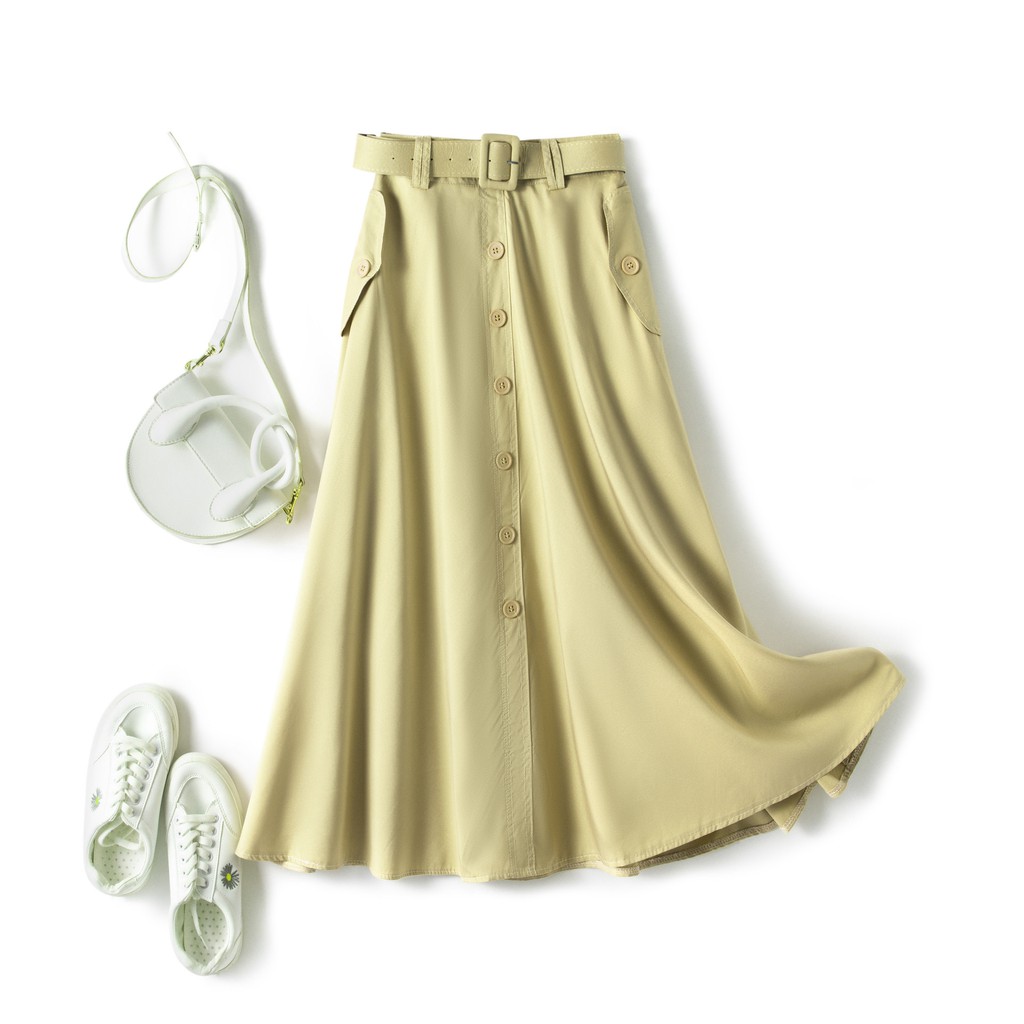 Chân váy dáng dàng đính túi cúc kèm đai vải xuông không nhăn free size VAY108