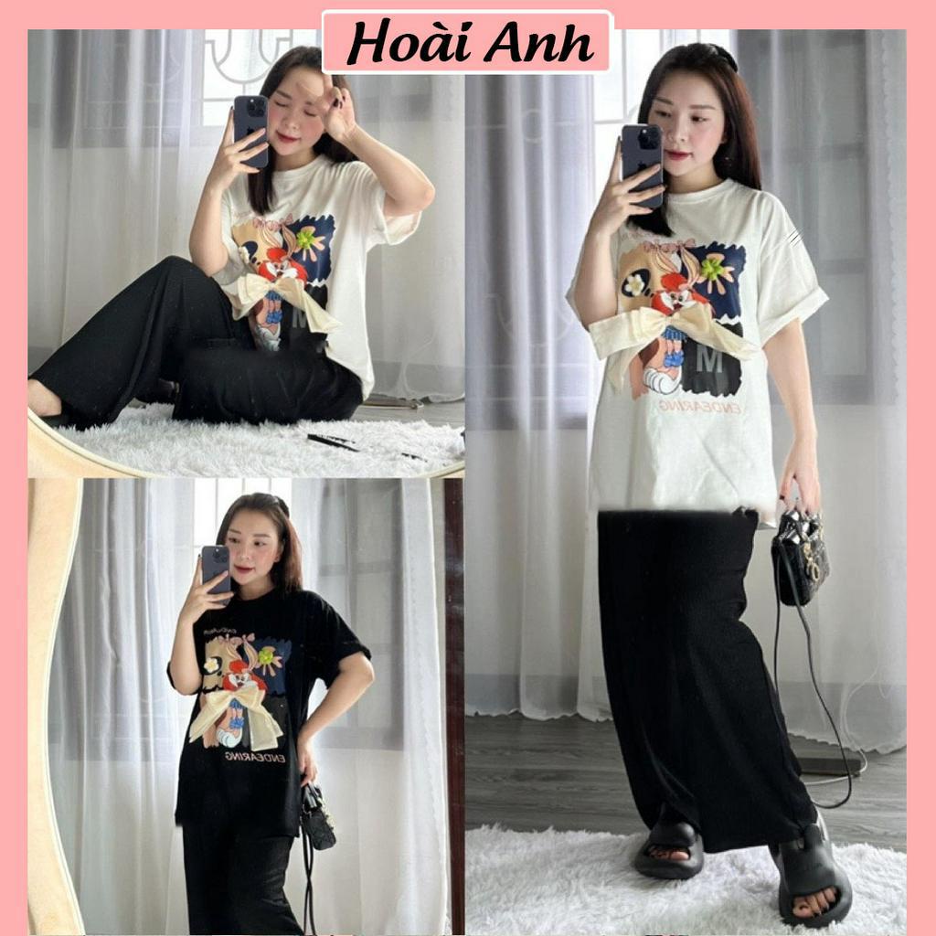 Set Bộ Đồ Nữ Áo Phông BABY TEE In Hình Thỏ Hoa Nơ Nổi Mix Quần Tăm Xuông Ống Rộng Freesize
