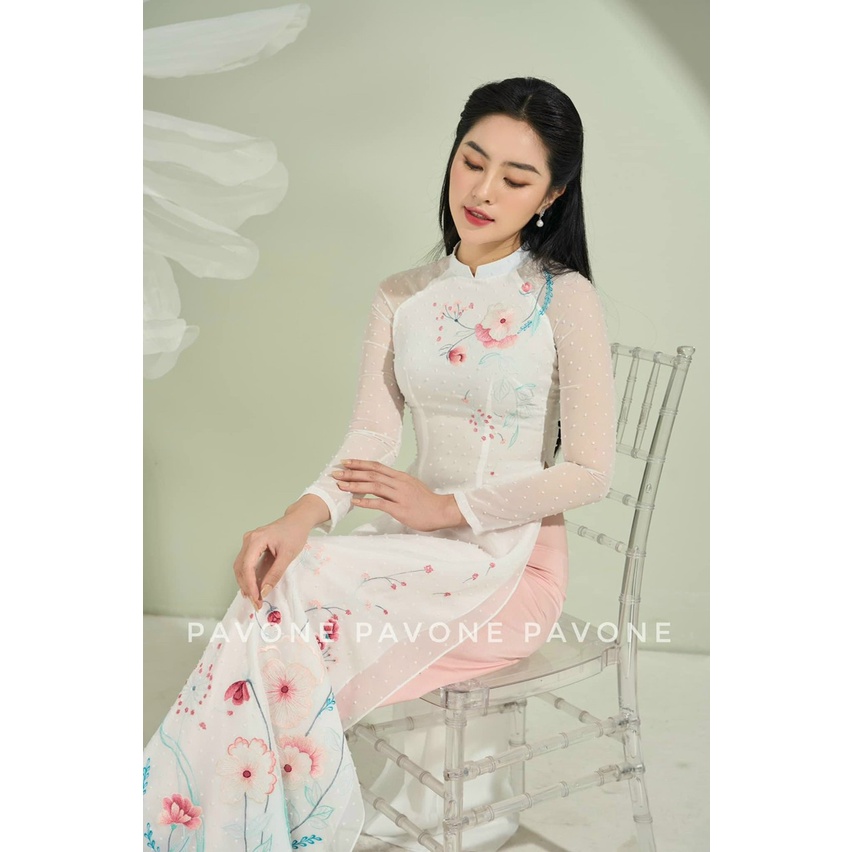 Áo dài bạch tuyết tà dài 130cm 4 tà siêu xinh họa tiết thêu sắc xảo Nét Việt
