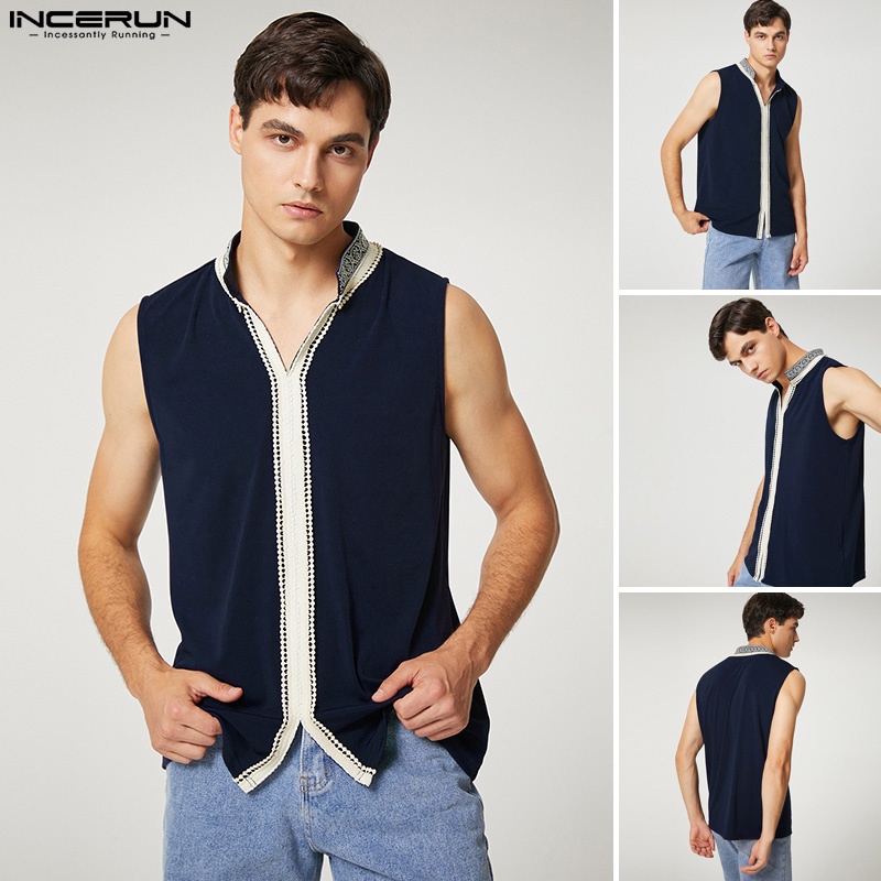 INCERUN Áo Ba Lỗ Cổ V Phong Cách Dân Tộc Retro Thời Trang Nam