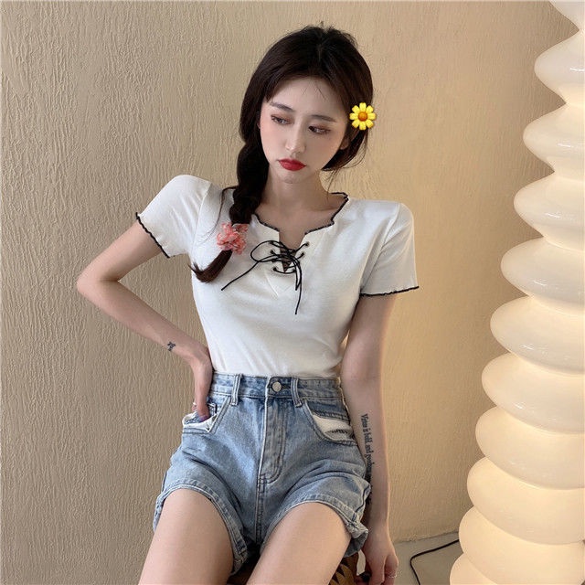 Áo Thun Lụa Dệt Kim Tay Ngắn Phối Dây Rút Thời Trang Quyến Rũ Cho Nữ