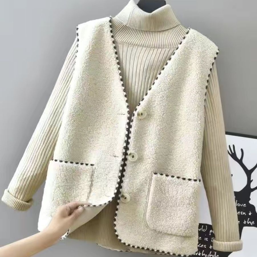 Áo Khoác Lông Cừu Một Mảnh Không Tay Cổ Chữ V Thời Trang 2022 Mới Mẻ Dễ Phối Đồ Cho Phụ Nữ Trung Niên 2022