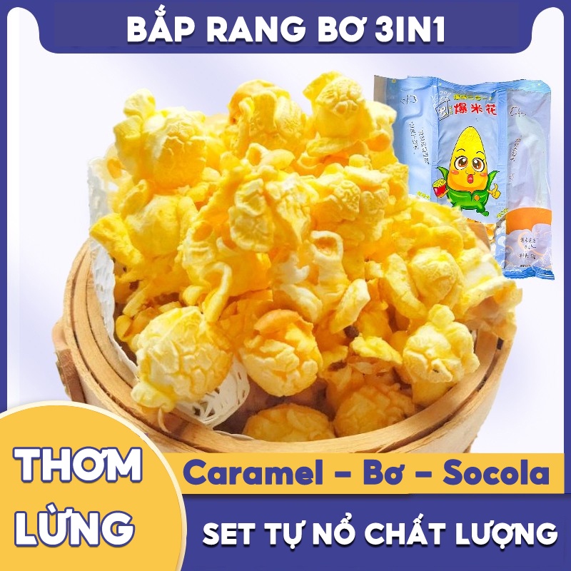 Bắp Rang Bơ 3 in 1 - Set Bỏng Ngô Nổ Tự Làm - Đồ Ăn Vặt Vị Caramel Bơ Chocolate