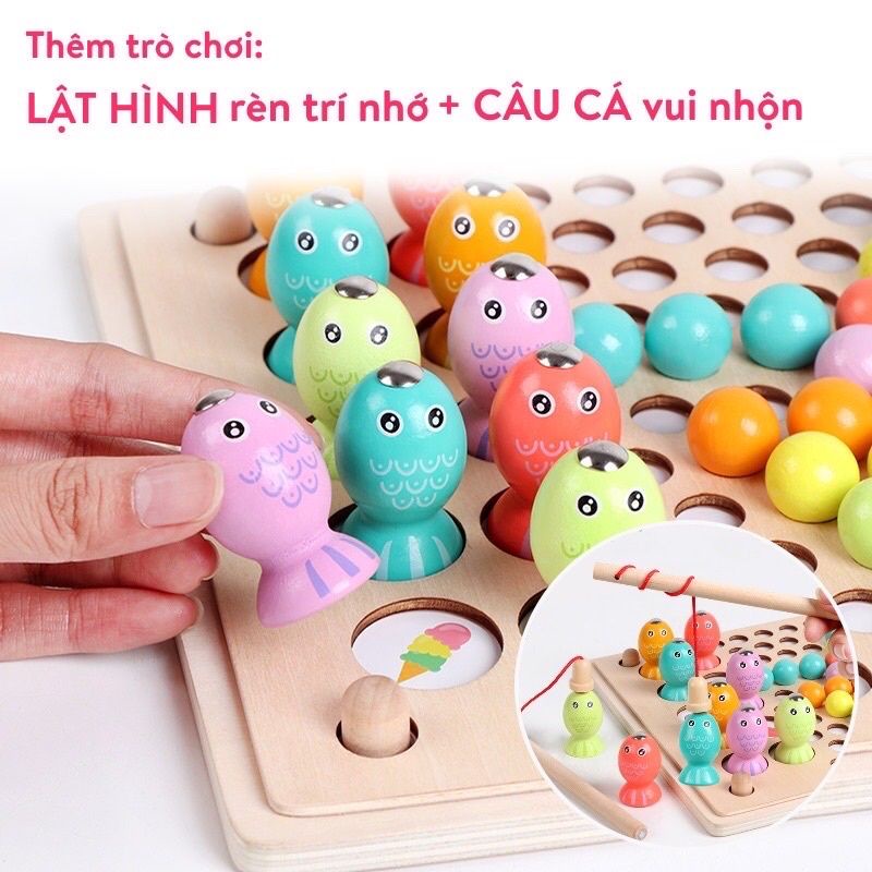 Bộ gắp hạt gỗ montessori 3 trong 1 câu cá lật hình thông minh cho bé