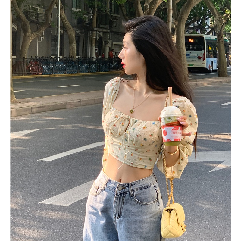 QKOOLE  Áo kiểu tay dài cổ vuông in họa tiết hoa phong cách Hàn Quốc thời trang cho nữ