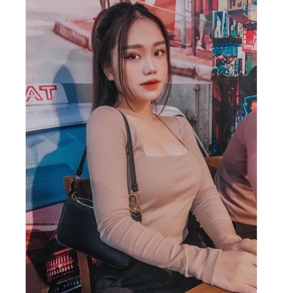 Áo Croptop Len ZIP Cổ Vuông Nữ ♥ Thun tăm dài tay, phông trơn body dáng suông ôm màu ĐEN | TRẮNG | NUDE Ulzzang HOT ♥ 😍