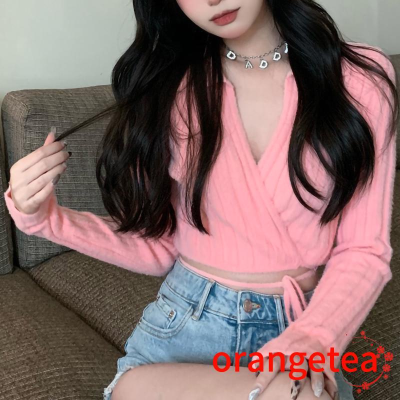 Áo Croptop Dệt Kim Tay Dài Cổ Chữ V Màu Sắc Quyến Rũ Cho Nữ