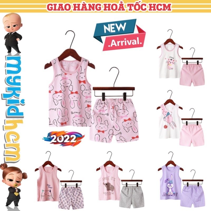NEW 2022 HOẢ TỐC Đồ Bộ quần áo trẻ em ba lỗ mùa hè bé gái in hình mèo thỏ voi hồng