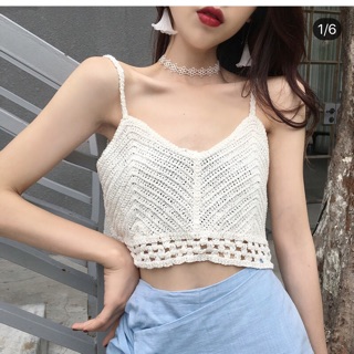 Áo crop top hai dây len đan móc trắng/nâu