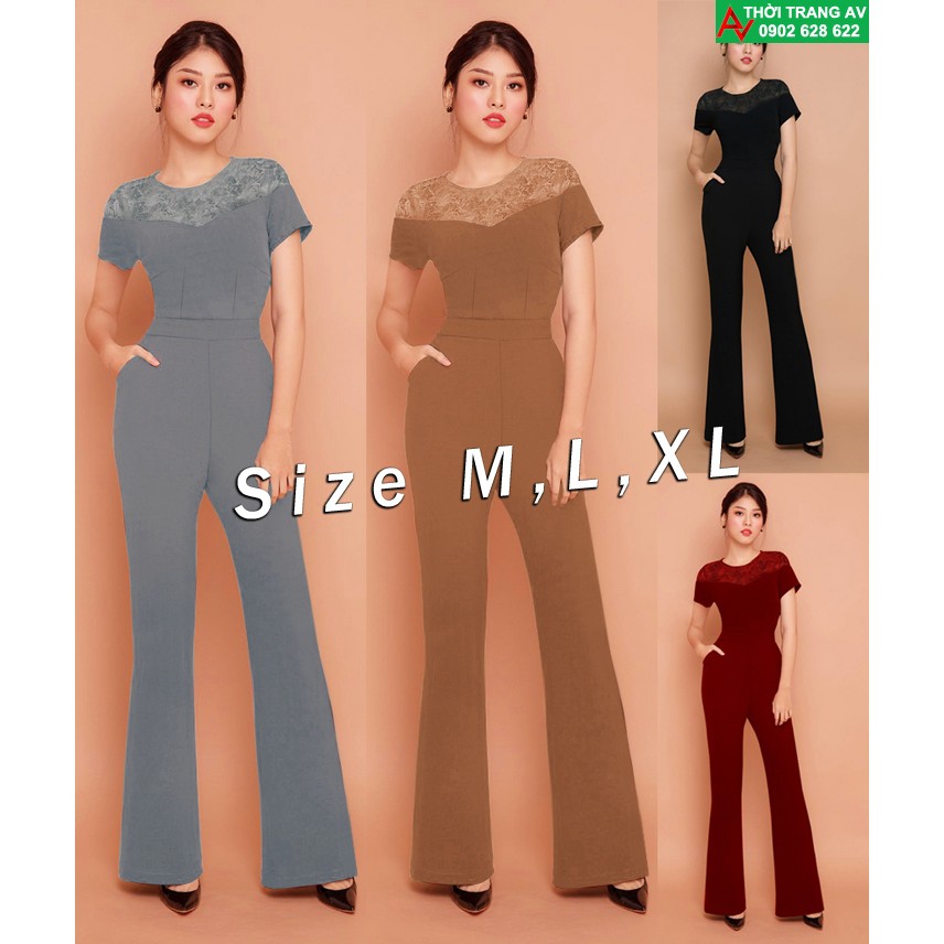 Jumpsuit - Đồ bay dài ống loe tay ngắn phối ren trước ngực cực hot - AV5812