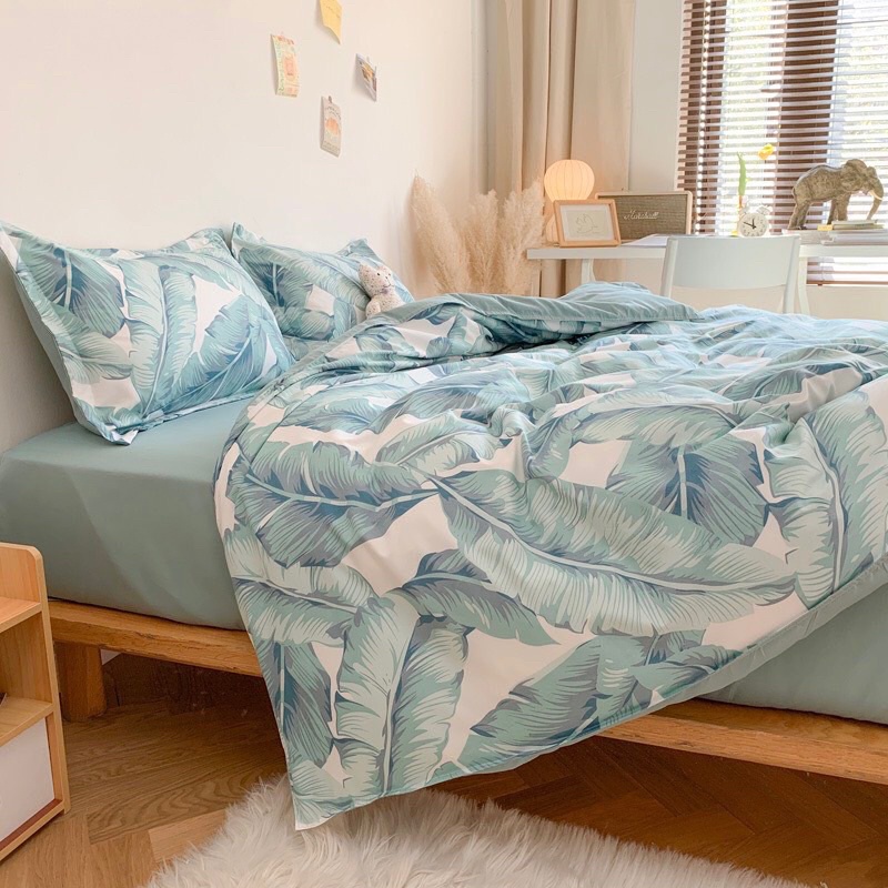 Bộ chăn ga gối cotton poly - Mẫu lá khoai xanh