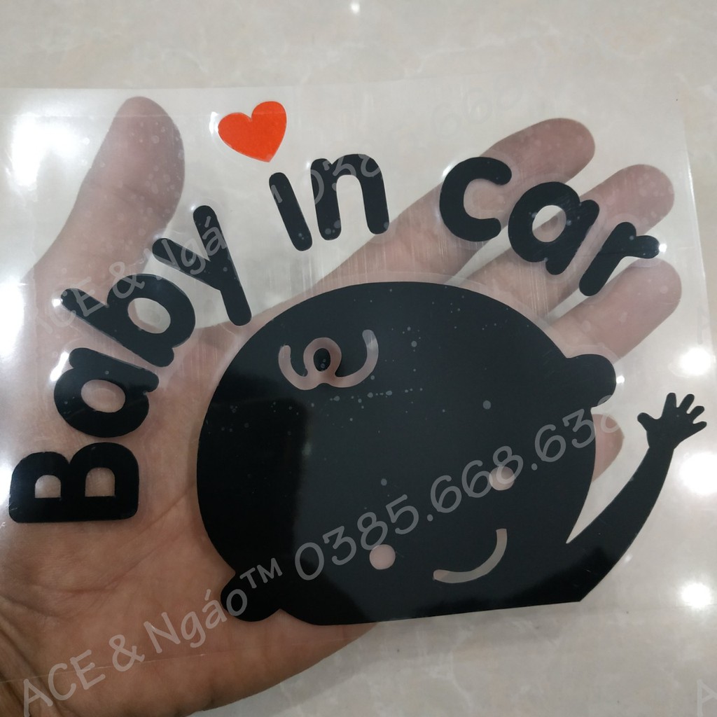 Tem Decal baby in car dán xe đen trắng 13x16cm