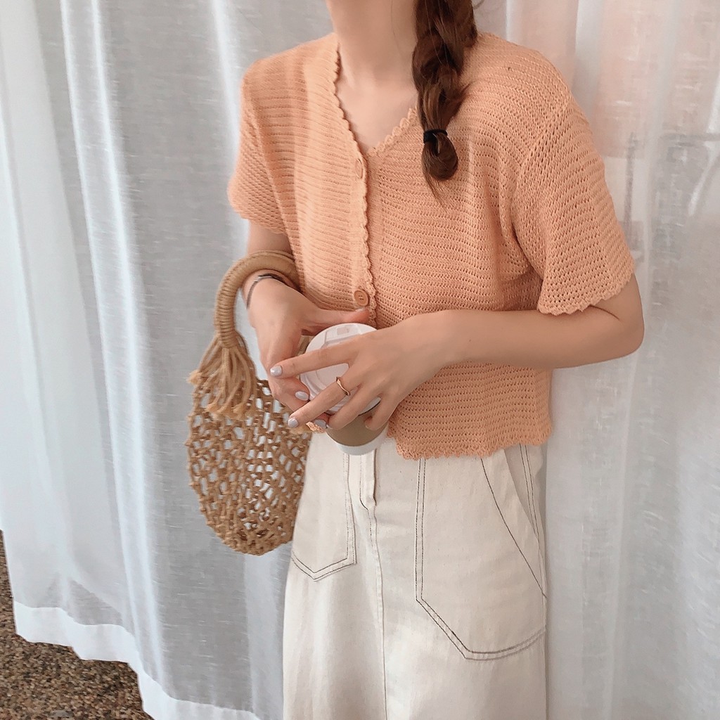 [CÓ SẴN] Áo khoác kiểu len mỏng tay ngắn cài nút màu trắng phom lửng CARDIGAN cài nút xinh xắn