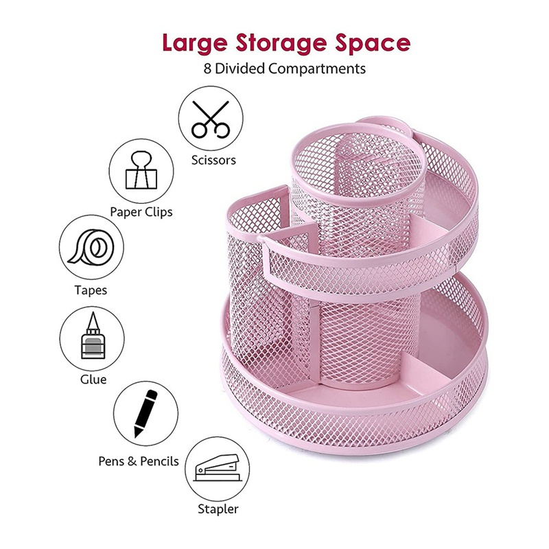 Cute Rotate Desk Organizer Mesh Desk Accessories Pen Holder Spinning Pencil Storage for School Office Supplies - Pink