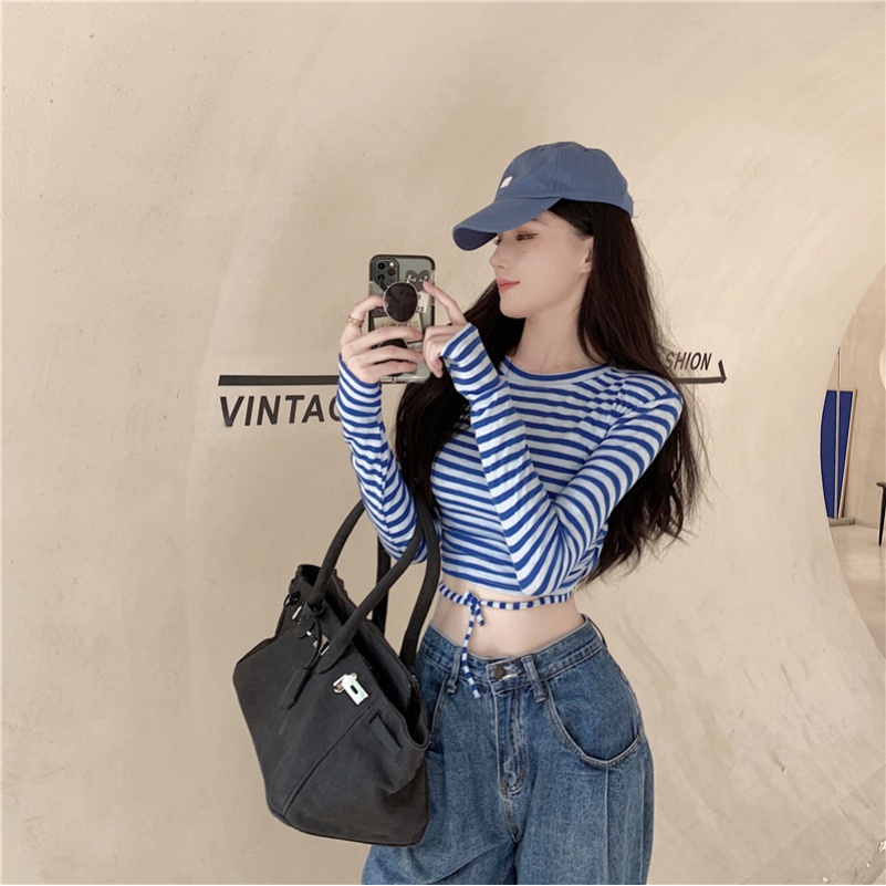 Áo thun tay dài cổ tròn dáng ôm họa tiết kẻ sọc ngang thời trang cho nữ