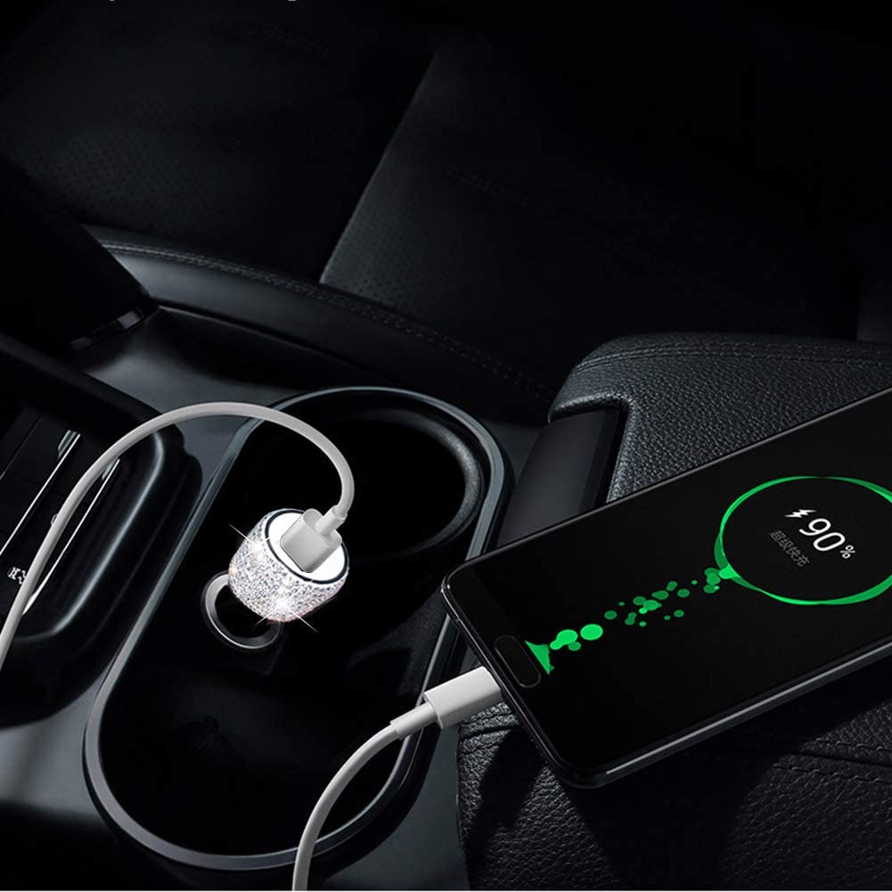 Tẩu Sạc Nhanh USB Kép Đính Đá Pha Lê Thủ Công Dùng Trên Xe Hơi