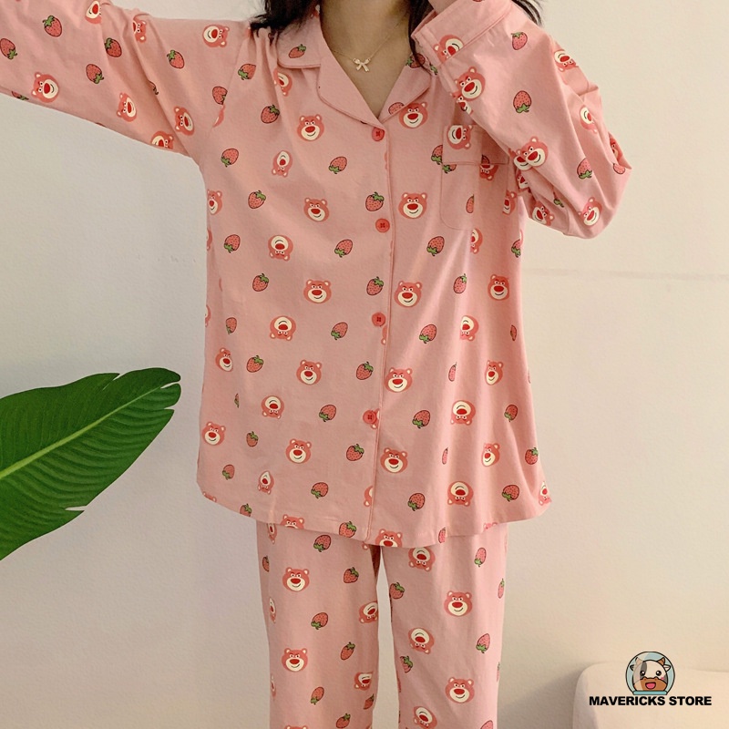 Bộ đồ ngủ hai mảnh họa tiết hoạt hình dễ thương phong cách Hàn Quốc cho nữ