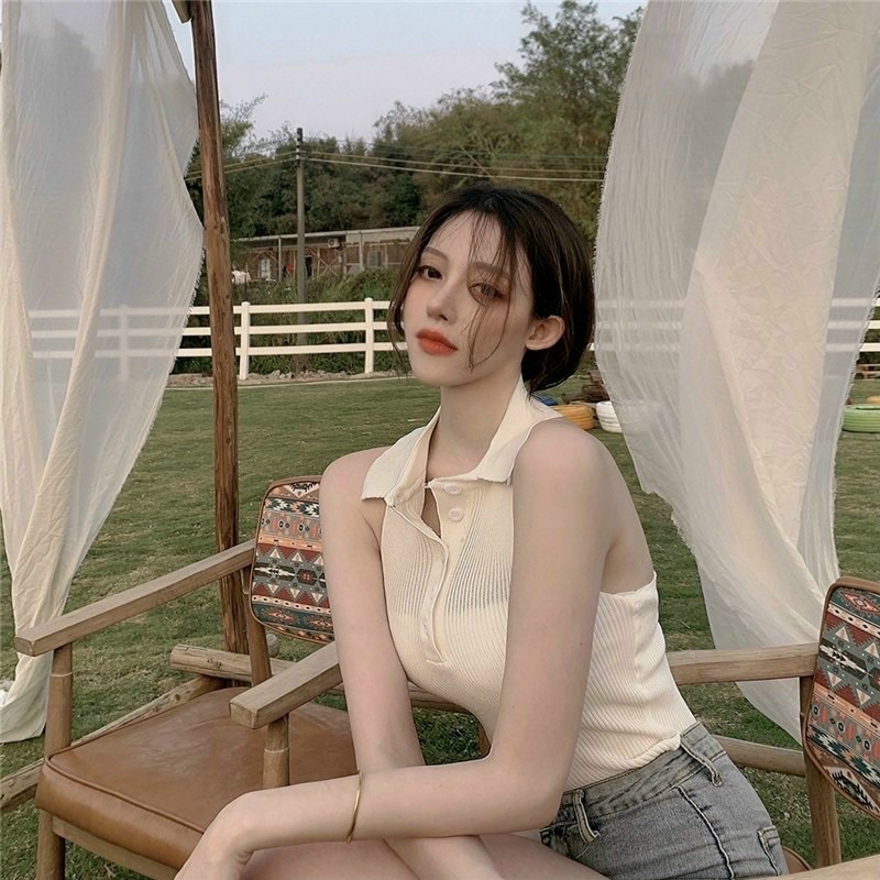 Áo thun nữ sát nách cổ bẻ thun gân sexy tôn dáng