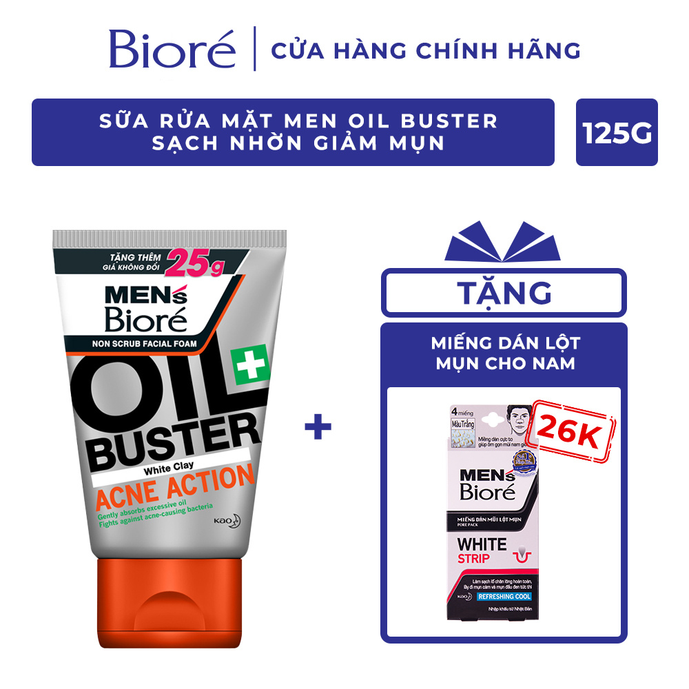 Sữa Rửa Mặt Men Biore Oil Buster Sạch Nhờn Giảm Mụn 100g Tặng 4 Miếng Dán Lột Mụn Mũi Cho Nam