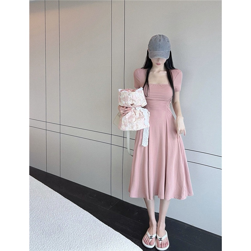 Đầm Tay Ngắn Cổ Vuông Nhấn Eo Phong Cách Pháp Thời Trang 202 Cho Nữ