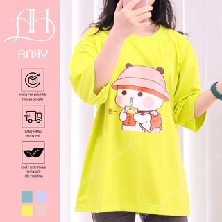 Áo thun ANHY FASHION tay lỡ form rộng freesize cotton hình gấu uống trà sữa thun co giãn thoải mái THUN4