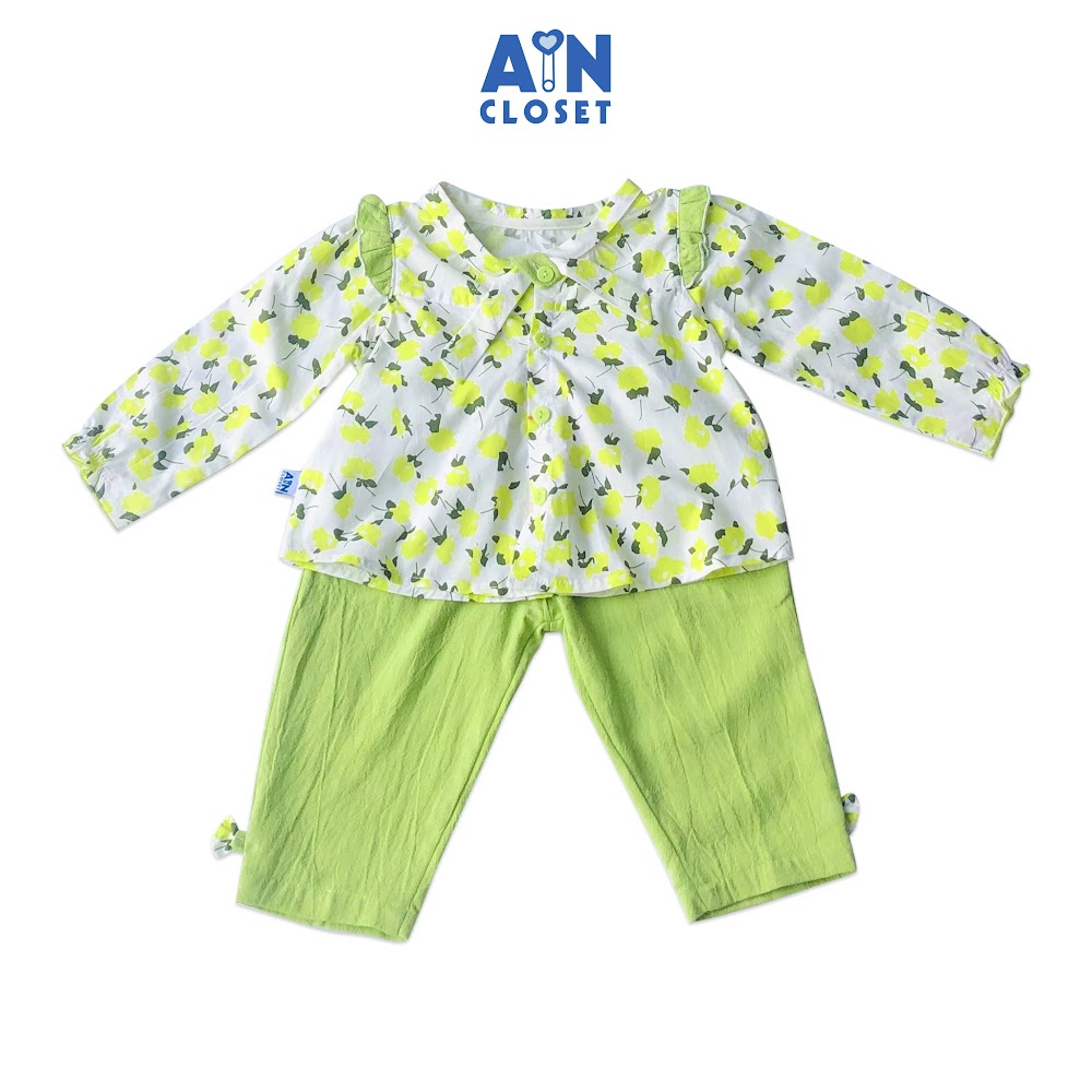 Bộ quần áo dài bé gái Họa tiết Hoa nhài xanh cốm cotton - AICDBGRHLYF3 - AIN Closet