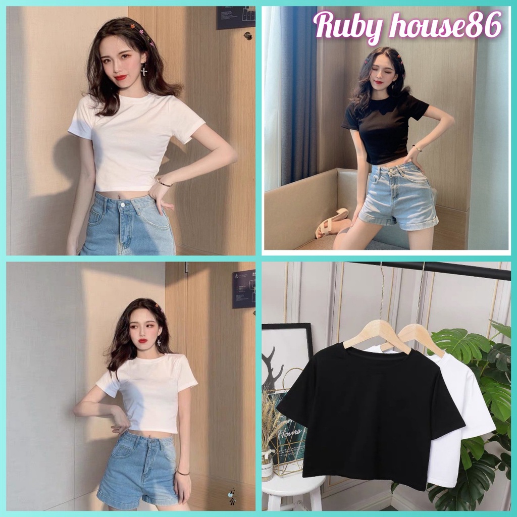 Aó crotop trơn  ,RUBY HOUSE86 chất zip cotton co dãn tốt, vải dầy, 2 màu Đen, Trắng, cổ tròn, ngắn tay