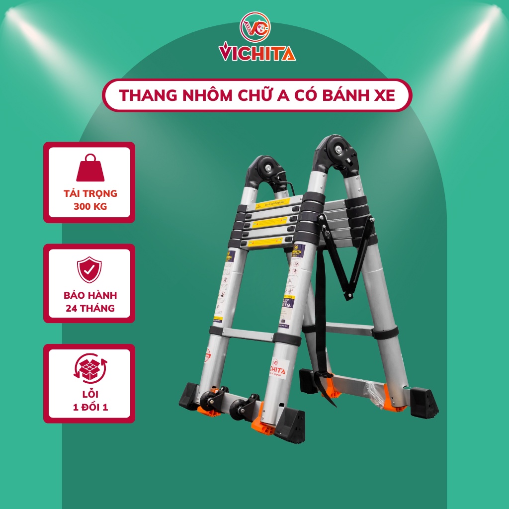 Thang Nhôm Rút Chữ A 3,8M - 4,4M - 5M - 5,6M - 6,4M VICHITA - Có Bánh Xe, Thanh Giằng Chống Rung Lắc