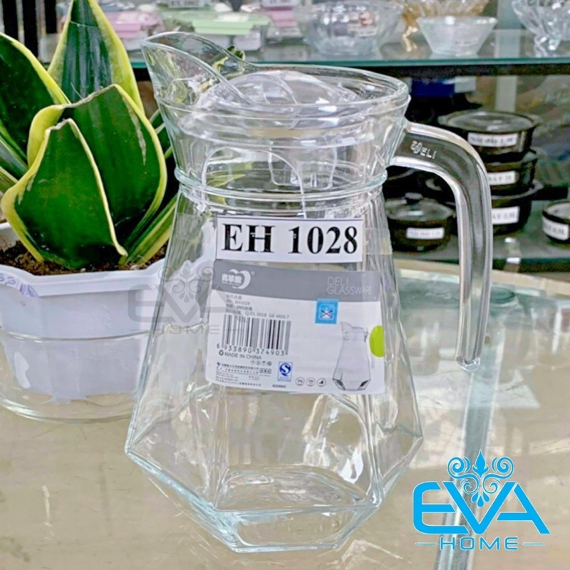 Bình Thuỷ Tinh Đựng Nước 1.3L Quai Cầm Miệng Rót Cạnh Kim Cương EH1028 Glass Pitcher Diamond Shape Striped Jar 1300 ML