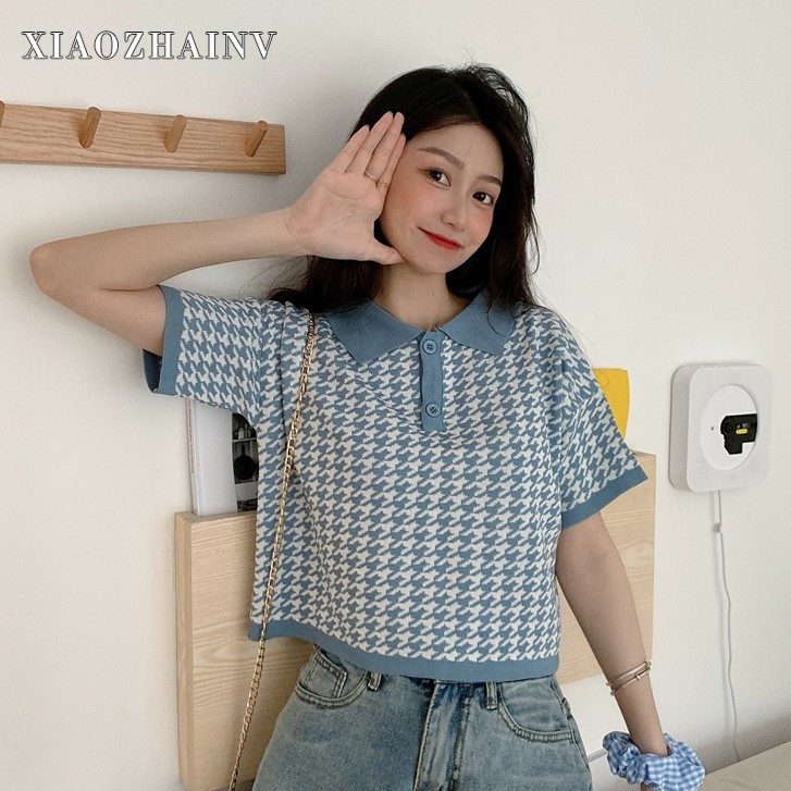 Xiaozhainv Áo Croptop Dệt Kim Tay Ngắn Dáng Rộng Cổ Bẻ 2 Màu Phong Cách Hàn Quốc Thời Trang Cho Nữ