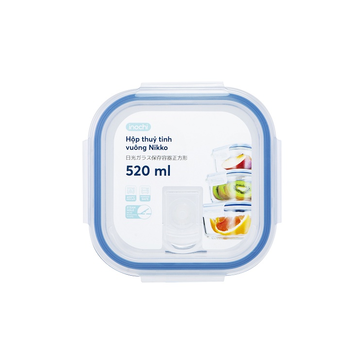 Hộp thuỷ tinh vuông Inochi Nikko 520 ml chịu nhiệt, không rỉ nước, hộp đựng cơm văn phòng
