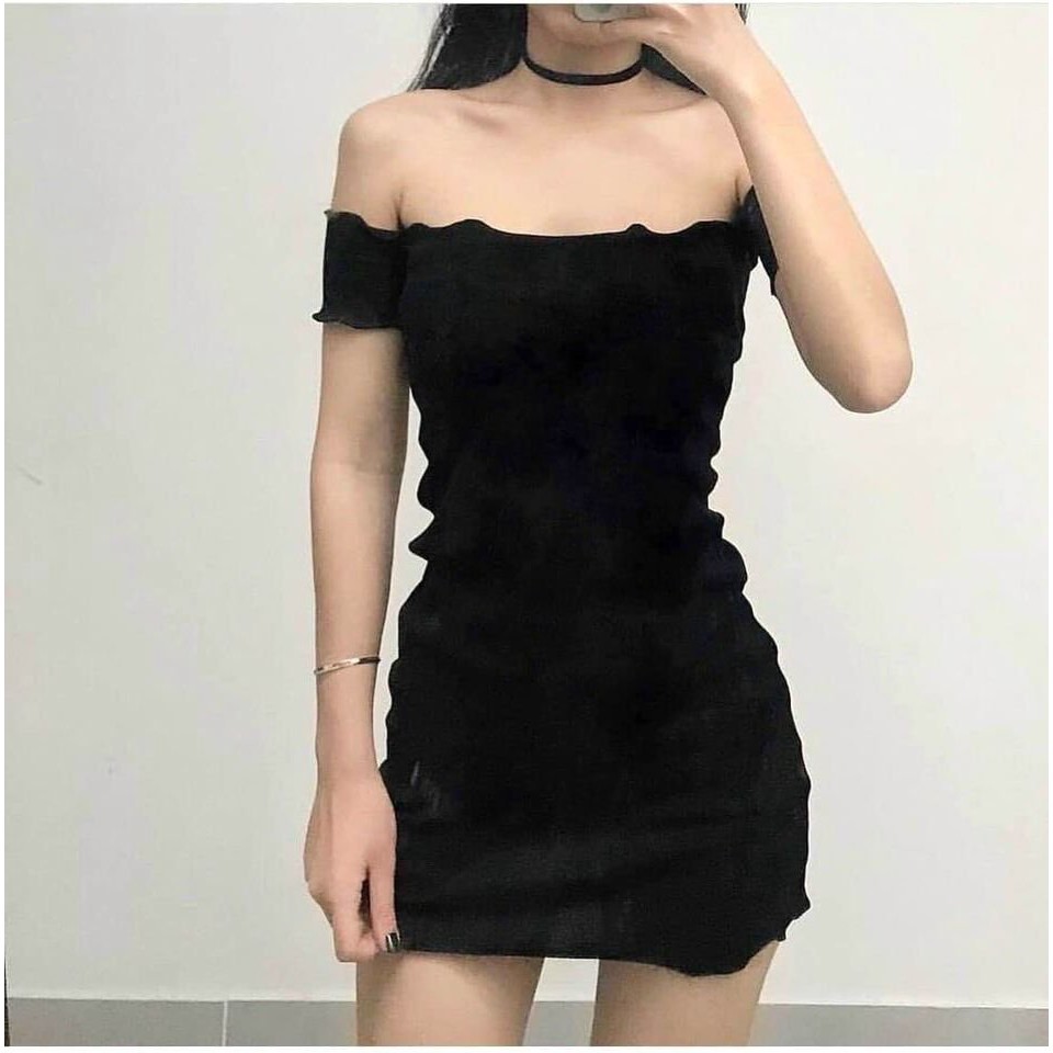 Váy Thun Dáng Ngắn Body Tay Lỡ Viền Bèo  - NE.Clothing Nữ [FREESHIP] - Đầm tiểu thư bánh bèo cộc tay ôm cơ thể Ulzzang