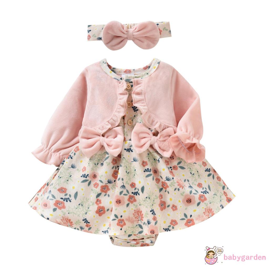 Bộ áo liền quần tay dài in họa tiết hoa + băng đô đính nơ xinh xắn cho bé gái