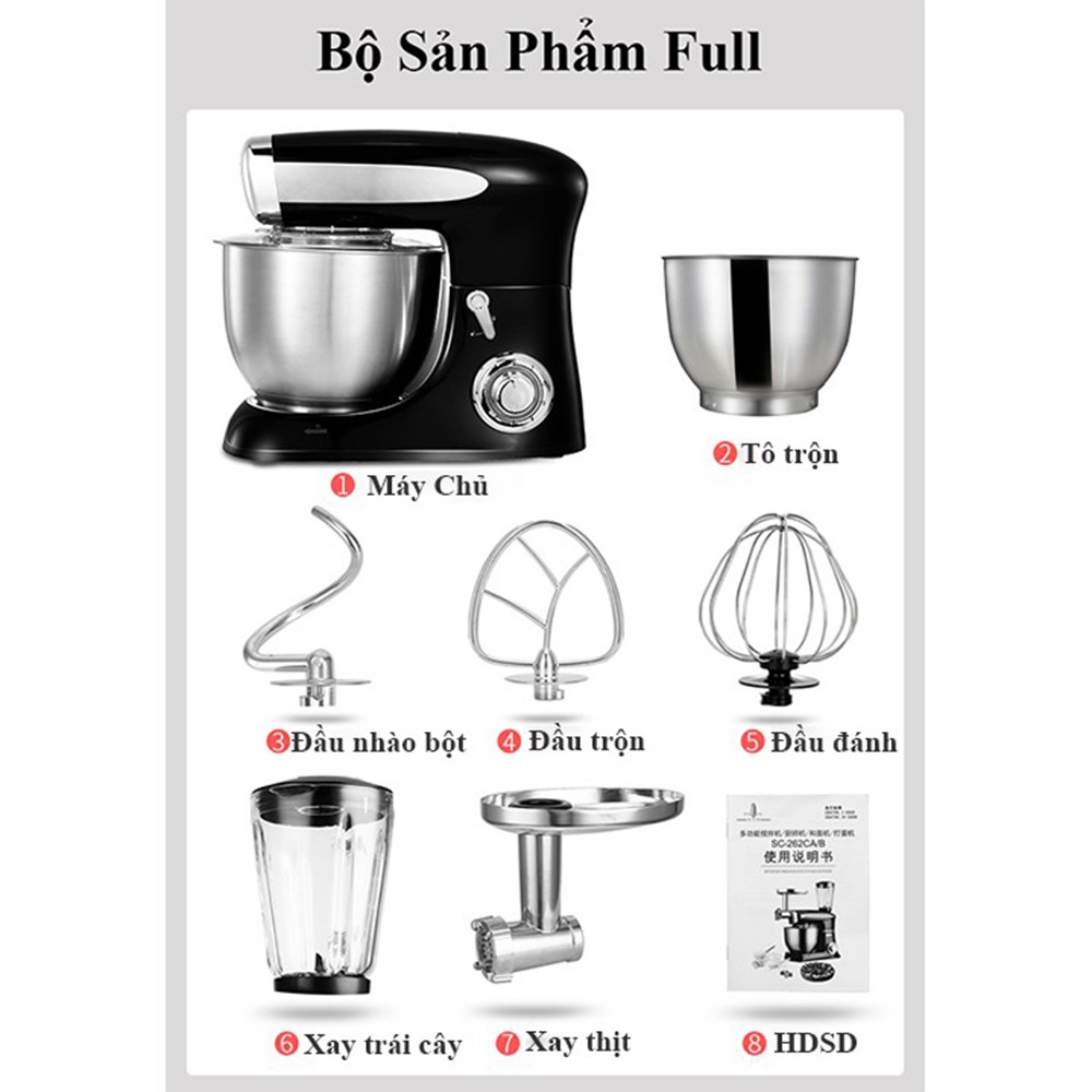 Máy nhào trộn bột, làm bánh kem, sadlad , xay thịt, xay sinh tố, nước mát 6.5 lít 1300W 6 chế độ