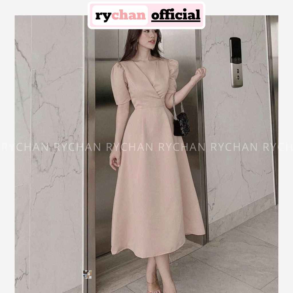 Đầm Xòe Midi Cổ V Đắp Ngực Chiết Eo [Ảnh Thật Cuối] - DX9963