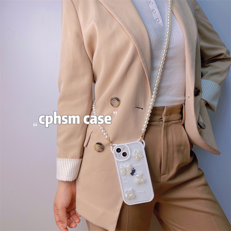 Ốp Điện Thoại Dẻo Hình Tai Gấu 3D Đính Ngọc Trai / Nơ Dễ Thương Cho IPhone 13 11 12 Pro Max X XR XS 7 8 Plus