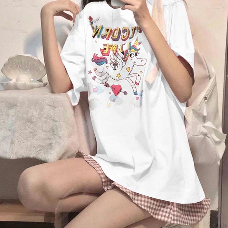 Áo Thun Nữ Ngắn Tay Cổ Tròn In Hình Ngựa Cầu Vồng Đáng Yêu Trẻ Trung