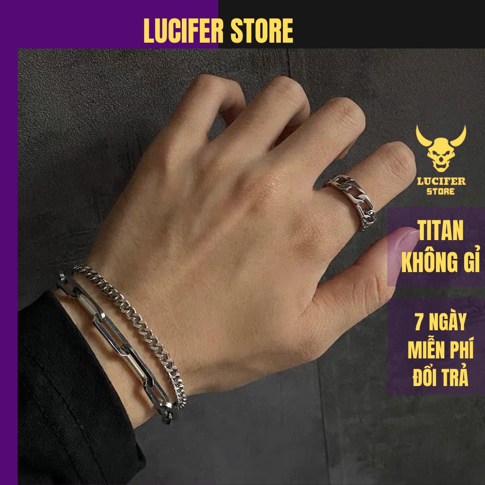 Vòng Tay Bạc Nam Unisex cá tính Đẹp Ngầu Cuban Dây Xích Kamenra 2 Lớp Kèm Nhẫn Lucifer Store Lắc Tay Phong Cách -Kamenra