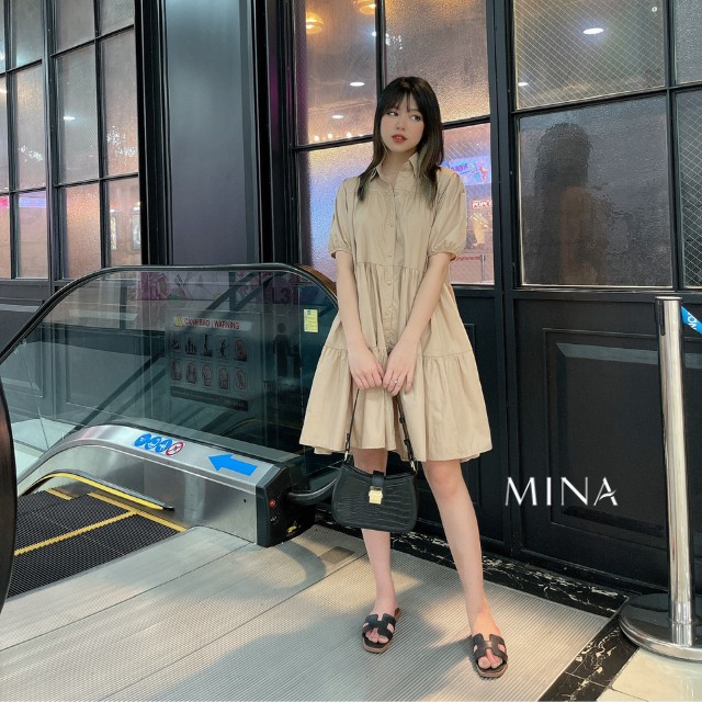 Váy babydoll dáng dài, tay phồng, cổ sơ mi vải thô mịn mát/ Đầm bầu babydoll trắng, hồng, nâu Hàn Quốc (sẵn/ ảnh thật) | BigBuy360 - bigbuy360.vn