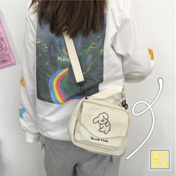 Túi đeo chéo bằng canvas thêu hình chú chó đáng yêu phong cách Harajuku Nhật Bản