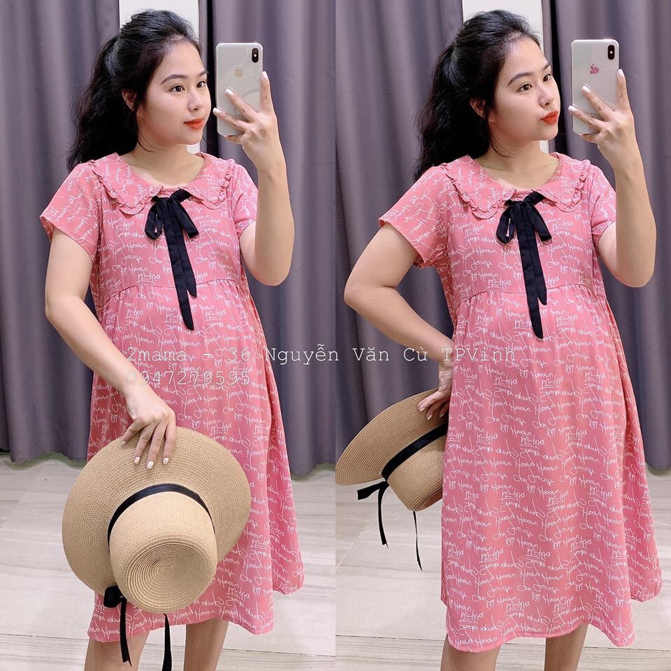 Váy bầu cổ bèo có nơ chất Lụa thái mềm mát - 𝐕𝟐𝟓