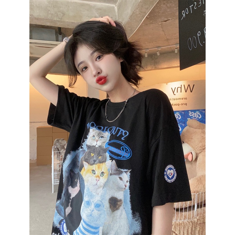 Áo Thun T-shirt Cotton Mềm Co Giãn Tay Ngắn In Hình Mèo Thời Trang Hàn Quốc Cổ Điển Dành Cho Nam Nữ